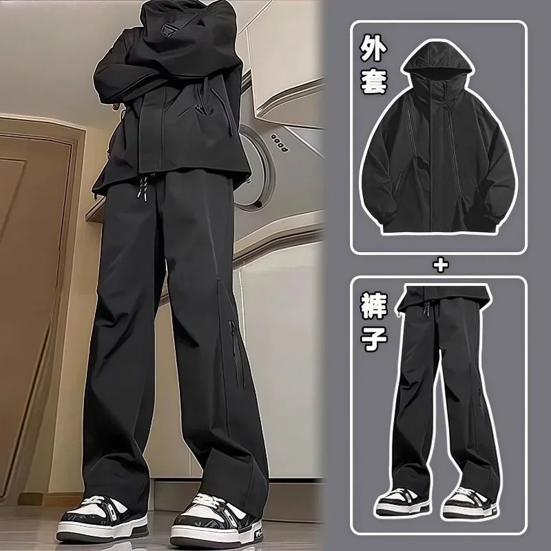 Men American Functional Outdoor Two Piece Set Waterproof Hooded Jacket With Wide Leg Pants For Spring