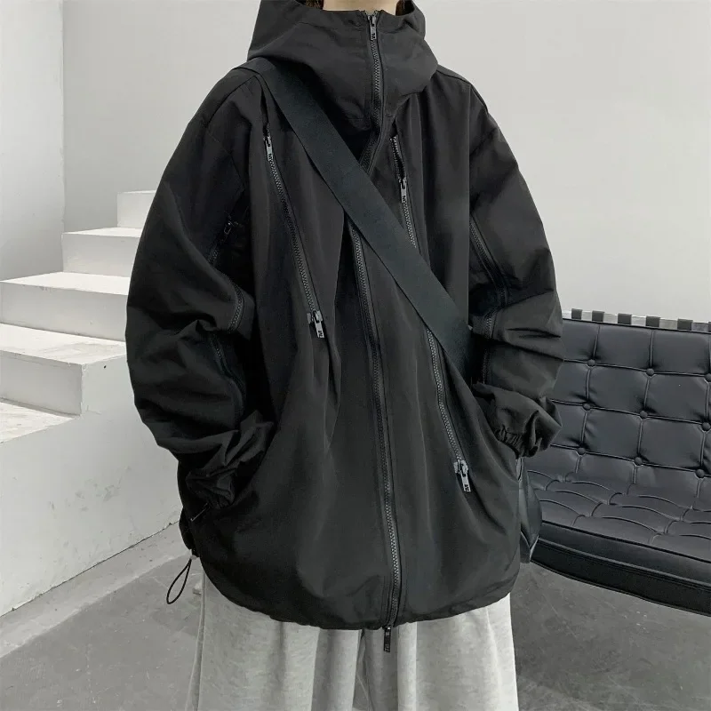 Men American Functional Outdoor Two Piece Set Waterproof Hooded Jacket With Wide Leg Pants For Spring