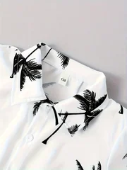 Hawaiian Tropical Plant Pattern Men Co‑ord Set Turn‑down Collar Button Shirt Elastic Waist Short Pant Vacation Suit