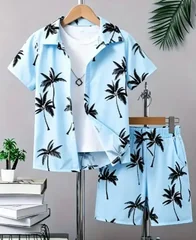 Hawaiian Tropical Plant Pattern Men Co‑ord Set Turn‑down Collar Button Shirt Elastic Waist Short Pant Vacation Suit