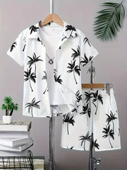 Hawaiian Tropical Plant Pattern Men Co‑ord Set Turn‑down Collar Button Shirt Elastic Waist Short Pant Vacation Suit