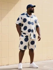 S-9XL Big and Tall Men Ink Splash Polka Dot Shirt Shorts Set Multi-Color Casual 2-Piece Outfit