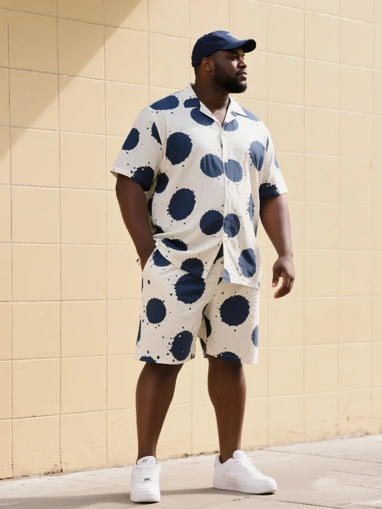 S-9XL Big and Tall Men Ink Splash Polka Dot Shirt Shorts Set Multi-Color Casual 2-Piece Outfit