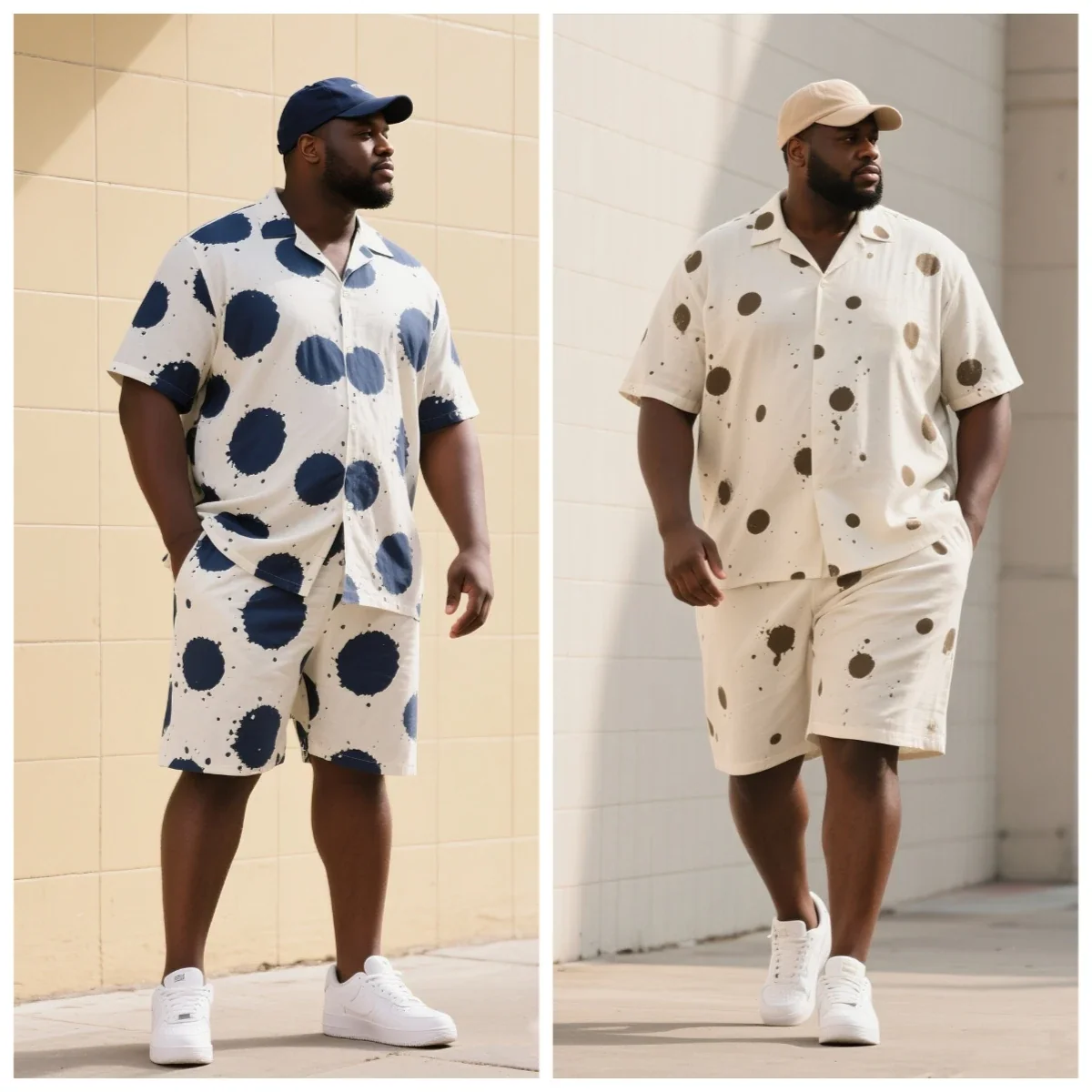 S-9XL Big and Tall Men Ink Splash Polka Dot Shirt Shorts Set Multi-Color Casual 2-Piece Outfit