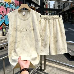 Summer 2pcs Tie Dye Vest Sets Men Two Piece Sleeveless Thin Foaming Print T-Shirts + Shorts Sets Korean Streetwear Tracksuit Man
