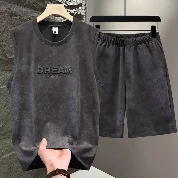 Summer 2pcs Tie Dye Vest Sets Men Two Piece Sleeveless Thin Foaming Print T-Shirts + Shorts Sets Korean Streetwear Tracksuit Man