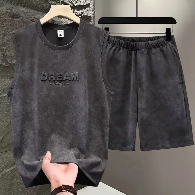 Summer 2pcs Tie Dye Vest Sets Men Two Piece Sleeveless Thin Foaming Print T-Shirts + Shorts Sets Korean Streetwear Tracksuit Man
