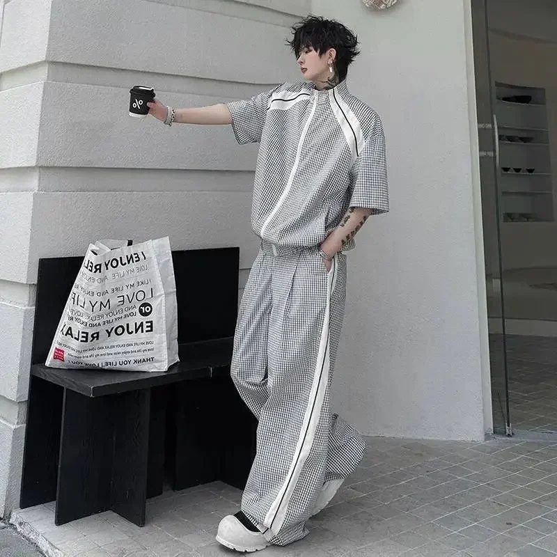 LUZHEN Plaid 2026 Summer Printed Color Contrast Short Design Sleeve Zipper Shirts Men's Loose Casual Pants Two-piece Sets JY8498
