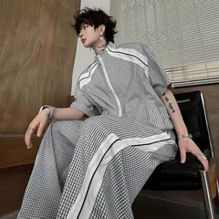 LUZHEN Plaid 2026 Summer Printed Color Contrast Short Design Sleeve Zipper Shirts Men's Loose Casual Pants Two-piece Sets JY8498
