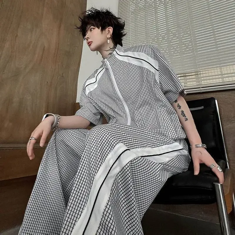 LUZHEN Plaid 2026 Summer Printed Color Contrast Short Design Sleeve Zipper Shirts Men's Loose Casual Pants Two-piece Sets JY8498