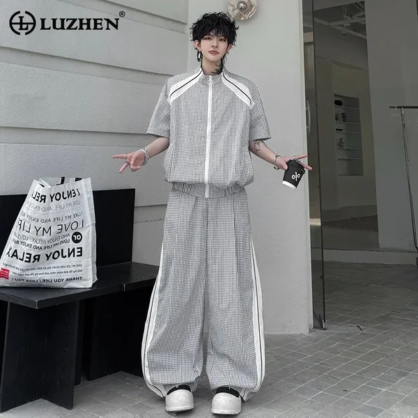 LUZHEN Plaid 2026 Summer Printed Color Contrast Short Design Sleeve Zipper Shirts Men's Loose Casual Pants Two-piece Sets JY8498