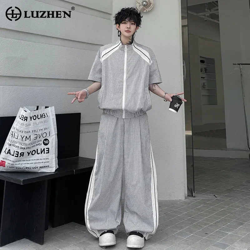 LUZHEN Plaid 2026 Summer Printed Color Contrast Short Design Sleeve Zipper Shirts Men's Loose Casual Pants Two-piece Sets JY8498