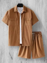 2026 Summer New Men's Solid Color Casual Corduroy Collar Shirt Set Outdoor Sports Breathable Loose Comfortable Two Piece Set