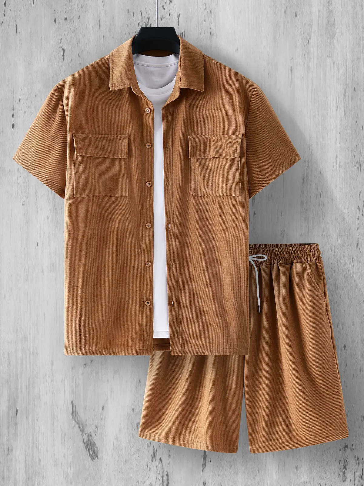2026 Summer New Men's Solid Color Casual Corduroy Collar Shirt Set Outdoor Sports Breathable Loose Comfortable Two Piece Set