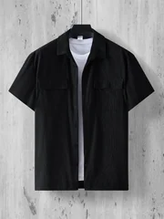 2026 Summer New Men's Solid Color Casual Corduroy Collar Shirt Set Outdoor Sports Breathable Loose Comfortable Two Piece Set