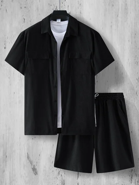 2026 Summer New Men's Solid Color Casual Corduroy Collar Shirt Set Outdoor Sports Breathable Loose Comfortable Two Piece Set