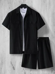 2026 Summer New Men's Solid Color Casual Corduroy Collar Shirt Set Outdoor Sports Breathable Loose Comfortable Two Piece Set