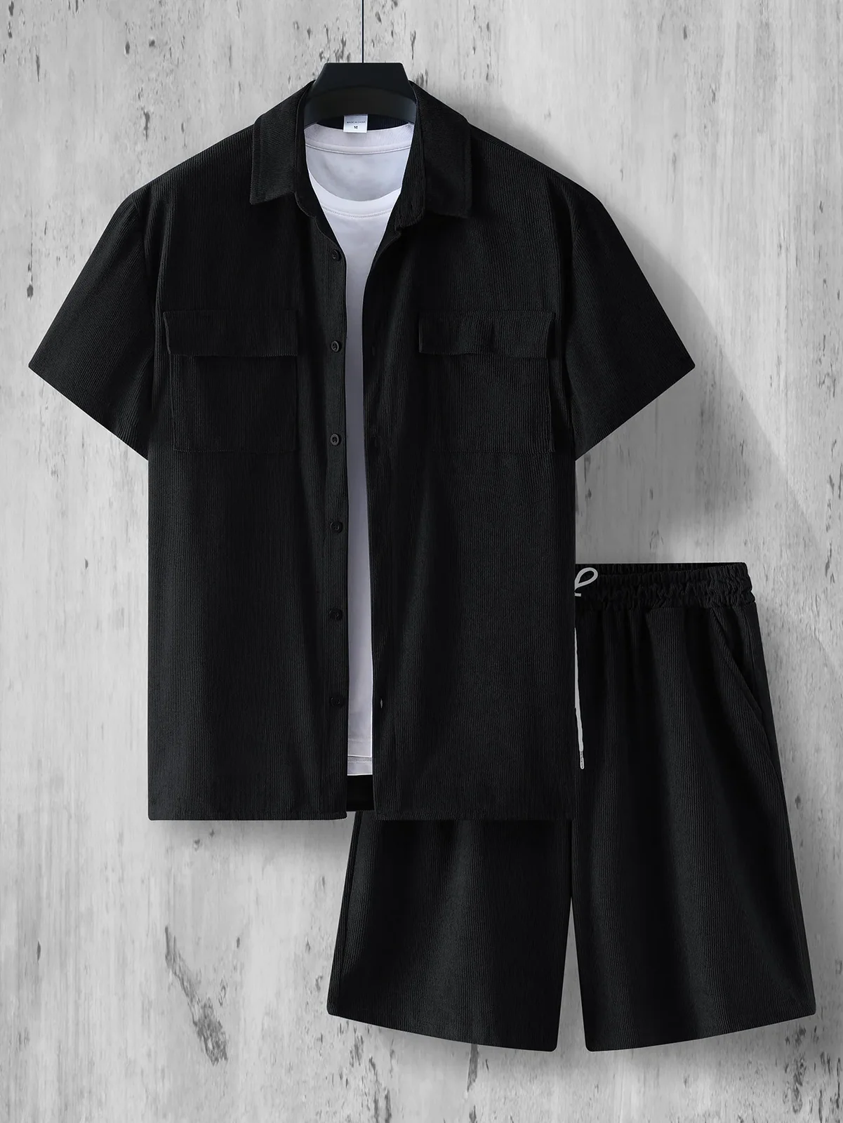 2026 Summer New Men's Solid Color Casual Corduroy Collar Shirt Set Outdoor Sports Breathable Loose Comfortable Two Piece Set