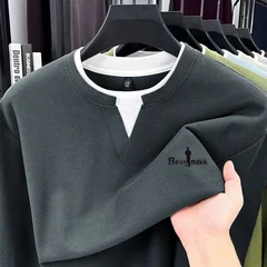 Fashion Trend 100% Cotton Men's Fake Two-Piece T-Shirt Spring Autumn Comfortable Long Sleeved Pullover Tops Business Men's Wear