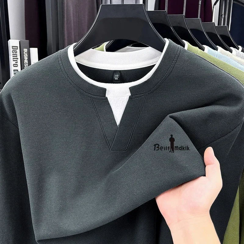 Fashion Trend 100% Cotton Men's Fake Two-Piece T-Shirt Spring Autumn Comfortable Long Sleeved Pullover Tops Business Men's Wear