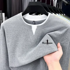 Fashion Trend 100% Cotton Men's Fake Two-Piece T-Shirt Spring Autumn Comfortable Long Sleeved Pullover Tops Business Men's Wear