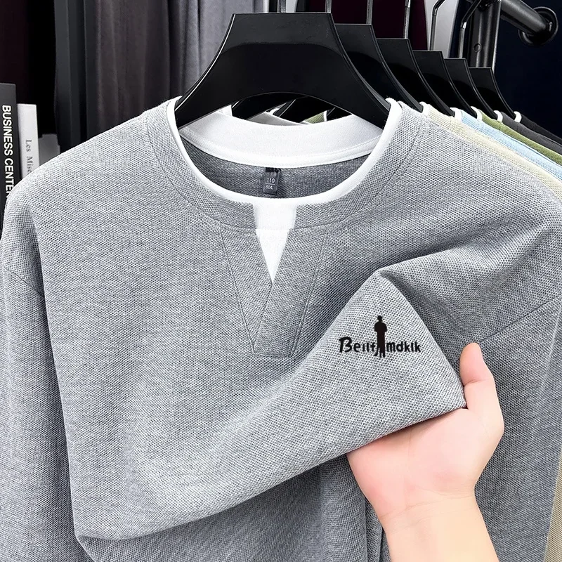 Fashion Trend 100% Cotton Men's Fake Two-Piece T-Shirt Spring Autumn Comfortable Long Sleeved Pullover Tops Business Men's Wear