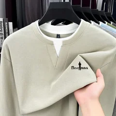Fashion Trend 100% Cotton Men's Fake Two-Piece T-Shirt Spring Autumn Comfortable Long Sleeved Pullover Tops Business Men's Wear