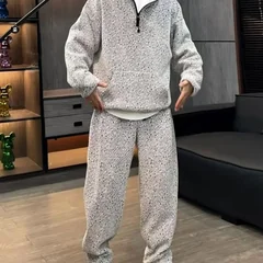 Men Striped Hoodie Set Thick Fleece Zipper Tracksuit Casual Fashion Fall Winter Warm 2 Piece Outfit