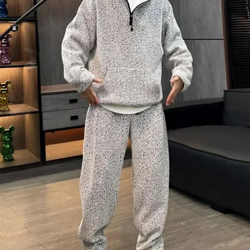 Men Striped Hoodie Set Thick Fleece Zipper Tracksuit Casual Fashion Fall Winter Warm 2 Piece Outfit