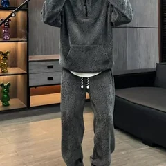 Men Striped Hoodie Set Thick Fleece Zipper Tracksuit Casual Fashion Fall Winter Warm 2 Piece Outfit