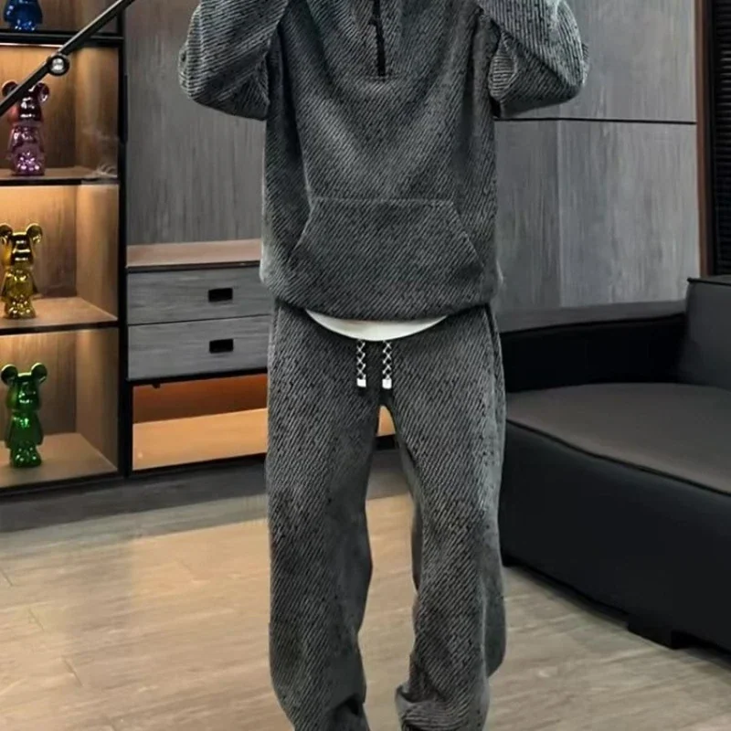 Men Striped Hoodie Set Thick Fleece Zipper Tracksuit Casual Fashion Fall Winter Warm 2 Piece Outfit