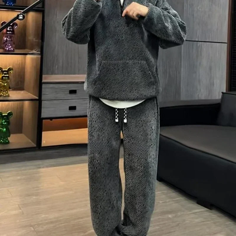 Men Striped Hoodie Set Thick Fleece Zipper Tracksuit Casual Fashion Fall Winter Warm 2 Piece Outfit