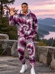New Fall/Winter Textured Print Hooded Sweatshirt Set Unisex Hooded Sweatshirt+Pants Two-Piece Set Trendy Men's Clothing