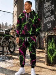 New Fall/Winter Textured Print Hooded Sweatshirt Set Unisex Hooded Sweatshirt+Pants Two-Piece Set Trendy Men's Clothing