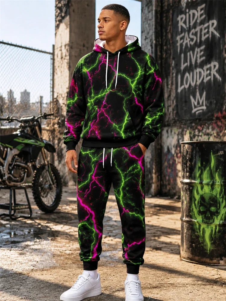 New Fall/Winter Textured Print Hooded Sweatshirt Set Unisex Hooded Sweatshirt+Pants Two-Piece Set Trendy Men's Clothing
