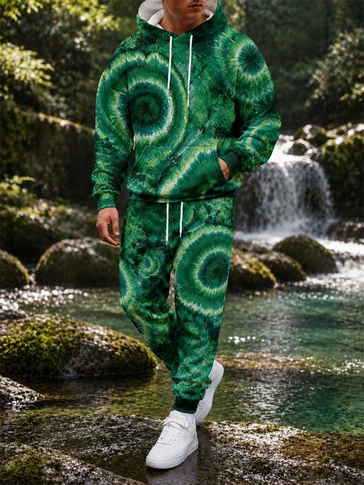 New Fall/Winter Textured Print Hooded Sweatshirt Set Unisex Hooded Sweatshirt+Pants Two-Piece Set Trendy Men's Clothing