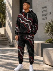 New Fall/Winter Textured Print Hooded Sweatshirt Set Unisex Hooded Sweatshirt+Pants Two-Piece Set Trendy Men's Clothing