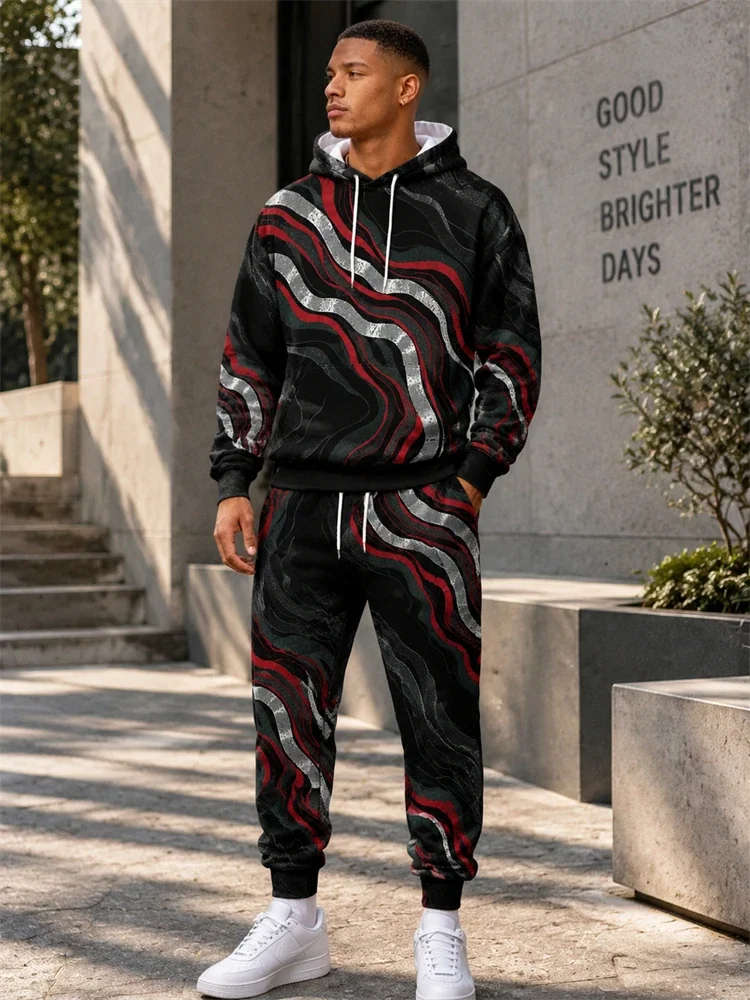 New Fall/Winter Textured Print Hooded Sweatshirt Set Unisex Hooded Sweatshirt+Pants Two-Piece Set Trendy Men's Clothing