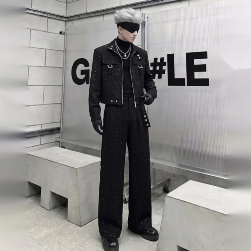 WVGA Spring Autumn New Men High-end Gold-embossed Starry Pattern Coats Niche Chic Casual Straight Pants Two-piece Set Ins W26600