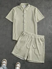 Men's 2 Piece Set Summer Outfits Man Clothes Striped Short Sleeve Shirt And Shorts Matching Casual Outfit Set