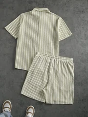 Men's 2 Piece Set Summer Outfits Man Clothes Striped Short Sleeve Shirt And Shorts Matching Casual Outfit Set