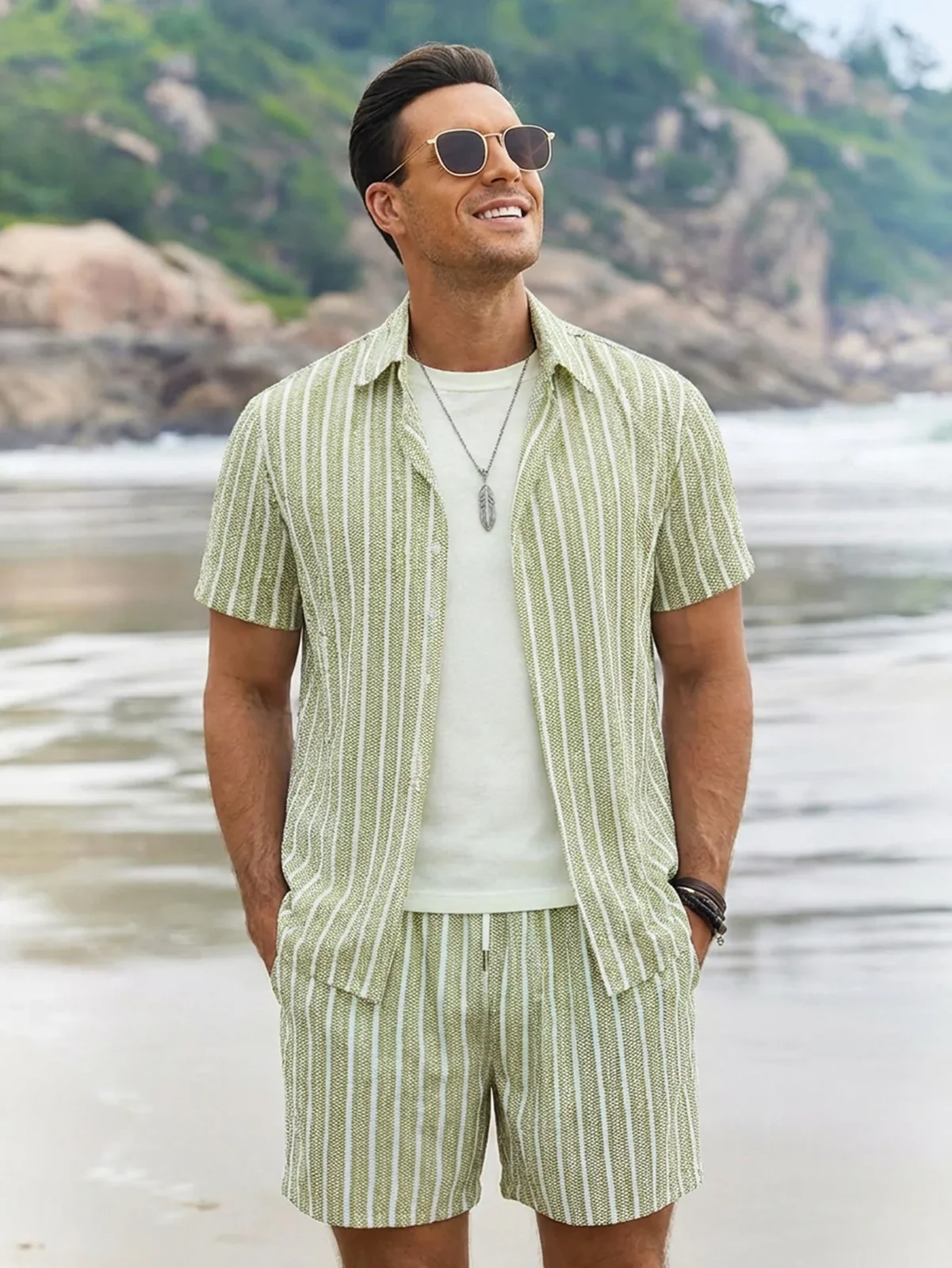 Men's 2 Piece Set Summer Outfits Man Clothes Striped Short Sleeve Shirt And Shorts Matching Casual Outfit Set