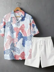 Men Hawaiian 2 Piece Outfit Set Fashion Bow Printed Summer Single Breast Shirts Solid Shorts Suit Casual Loose Tracksuits