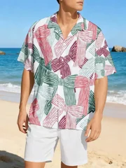 Men Hawaiian 2 Piece Outfit Set Fashion Bow Printed Summer Single Breast Shirts Solid Shorts Suit Casual Loose Tracksuits