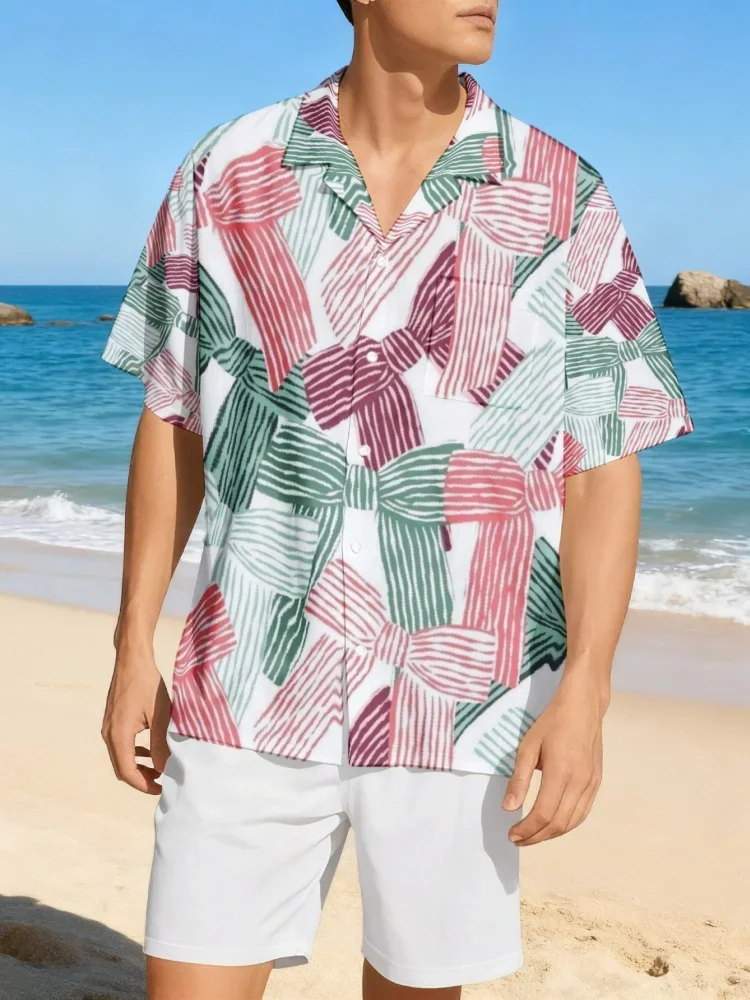 Men Hawaiian 2 Piece Outfit Set Fashion Bow Printed Summer Single Breast Shirts Solid Shorts Suit Casual Loose Tracksuits