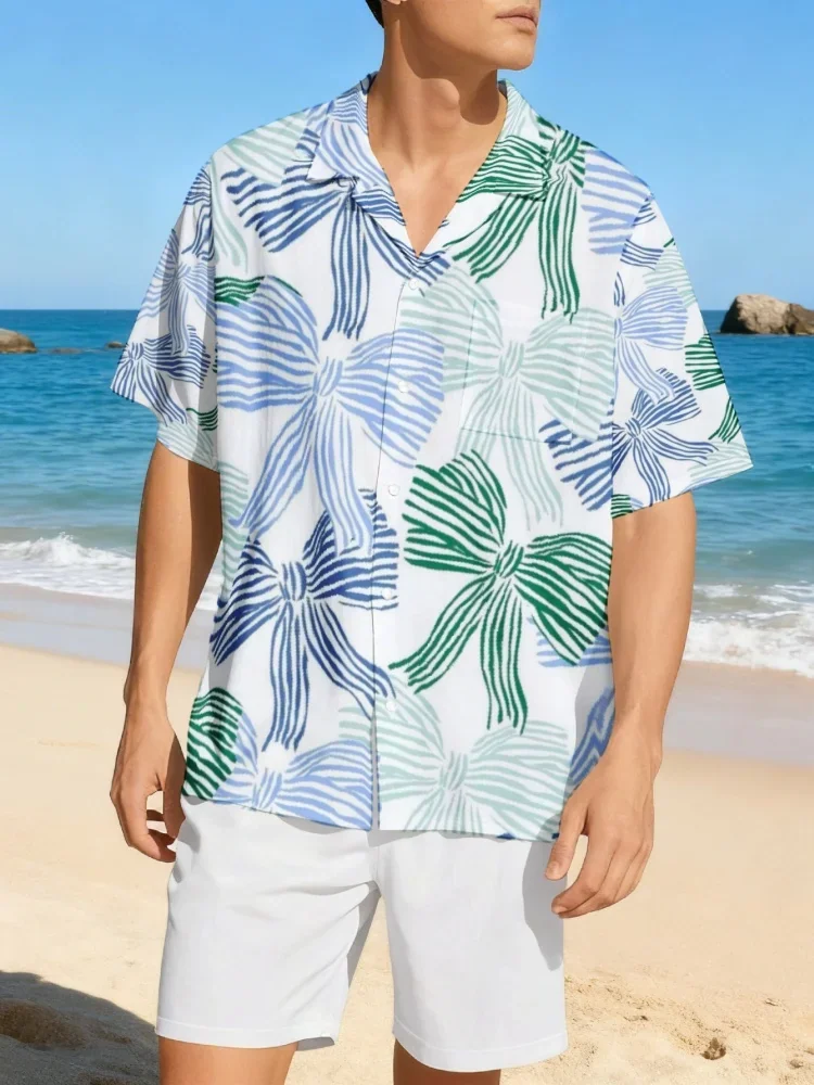 Men Hawaiian 2 Piece Outfit Set Fashion Bow Printed Summer Single Breast Shirts Solid Shorts Suit Casual Loose Tracksuits