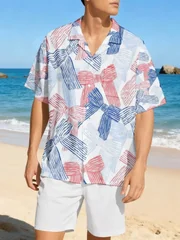 Men Hawaiian 2 Piece Outfit Set Fashion Bow Printed Summer Single Breast Shirts Solid Shorts Suit Casual Loose Tracksuits