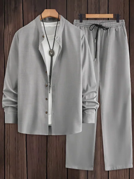 Men's 2 Piece Textured Outfits, Light Gray Stand Collar Shirt & Drawstring Pants Set