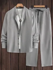 Men's 2 Piece Textured Outfits, Light Gray Stand Collar Shirt & Drawstring Pants Set