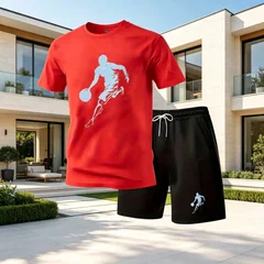 Men 2‑Piece Street Fashion Set, Crew Neck Quick‑Dry Short‑Sleeve T‑Shirt & Sports Shorts, Casual Summer Outfit for Running Gym